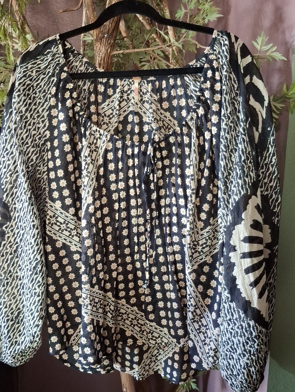 Free People Boho Black & Cream Floral Peasant Top